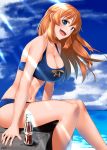  1girl absurdres bikini blue_bikini blue_eyes blue_sky bottle breasts brown_hair charlotte_e_yeager clouds coca-cola cola commentary_request day feet_out_of_frame highres hiroshi_(hunter-of-kct) horizon large_breasts long_hair ocean open_mouth outdoors sitting sky smile solo strike_witches swimsuit upper_teeth world_witches_series 