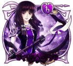  1girl armor bishoujo_senshi_sailor_moon black_gloves braid brown_hair earrings elena_ivlyushkina floating_hair gloves hair_tubes holding holding_polearm holding_weapon jewelry long_hair looking_at_viewer parted_lips polearm sailor_saturn shiny shiny_hair shoulder_armor solo standing upper_body violet_eyes weapon 