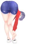  1girl absurdres adjusting_footwear ass bad_anatomy bangs bare_legs barefoot bent_over black_hair blue_eyes bob_cut denim denim_shorts from_behind hair_ornament hairclip highres jacket kirigaya_suguha kneepits kzm_(cookie-eluza) legs looking_at_viewer looking_back red_jacket short_hair shorts solo sword_art_online thigh_gap thighs track_jacket white_footwear 