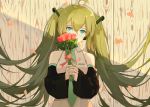  1girl bangs bare_shoulders black_sleeves blue_eyes bouquet breasts collared_shirt commentary_request detached_sleeves eyebrows_behind_hair fence flower green_hair green_nails green_neckwear hair_between_eyes hatsune_miku holding holding_bouquet long_hair long_sleeves nail_polish necktie petals red_flower red_rose rose shirt sleeveless sleeveless_shirt sleeves_past_wrists small_breasts solo taka_(0taka) twintails upper_body very_long_hair vocaloid white_shirt wide_sleeves wooden_fence 