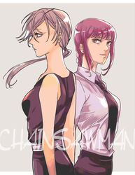  2girls alternate_hair_color bangs bare_shoulders black_eyepatch black_eyes black_neckwear black_pants black_shirt braid braided_ponytail breasts business_suit chainsaw_man collared_shirt expressionless eyepatch formal grey_eyes kaisenika11 light_smile long_hair long_sleeves looking_at_viewer looking_to_the_side makima_(chainsaw_man) medium_breasts multiple_girls necktie pants ponytail purple_hair quanxi_(chainsaw_man) ringed_eyes shirt shirt_tucked_in sleeveless sleeveless_shirt smile suit tank_top tied_hair white_shirt yellow_eyes 