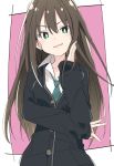  1girl black_jacket brown_hair earrings eyebrows_visible_through_hair green_eyes green_neckwear idolmaster idolmaster_cinderella_girls ixy jacket jewelry long_hair long_sleeves looking_at_viewer necktie open_mouth pink_background shibuya_rin smile solo two-tone_background white_background 