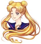  1girl ;d bishoujo_senshi_sailor_moon blonde_hair blue_sailor_collar collared_shirt cropped_arms cropped_torso double_bun earrings elena_ivlyushkina floating_hair hair_intakes jewelry long_hair looking_at_viewer one_eye_closed open_mouth portrait sailor_collar sailor_moon sailor_shirt shiny shiny_hair shirt smile solo twintails very_long_hair 