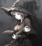  1girl absurdres arms_under_breasts bangs black_hair black_ribbon breasts brown_cloak brown_headwear cloak commentary_request dark_souls_iii facing_to_the_side grey_background hat highres karla_(dark_souls_3) large_breasts long_sleeves looking_down ribbon shimoda_masaya short_hair sitting solo souls_(from_software) witch_hat 