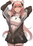  1girl absurdres animal_ear_fluff animal_ears arknights armor armpits arms_up bangs bare_shoulders black_jacket breastplate brown_eyes commentary_request cowboy_shot fixro2n gravel_(arknights) grin hair_between_eyes highres jacket long_hair long_sleeves looking_at_viewer off_shoulder parted_lips pink_hair simple_background smile solo standing very_long_hair white_background 