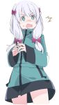  1girl aqua_eyes aqua_jacket blush bow cowboy_shot embarrassed eromanga_sensei eyebrows_visible_through_hair hair_ornament holding holding_stylus ixy izumi_sagiri jacket long_hair multicolored multicolored_clothes multicolored_jacket open_mouth pink_bow silver_hair simple_background solo stylus surprised sweatdrop white_background 