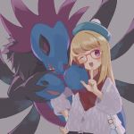  1girl aqua_headwear bag bangs blonde_hair blush commentary_request fur_jacket gen_5_pokemon glasses grey_jacket hand_on_hip handbag highres hoshizora hydreigon index_finger_raised jacket long_hair looking_at_viewer one_eye_closed open_mouth pokemon pokemon_(creature) red_nails shiny shiny_hair tam_o&#039;_shanter tongue upper_teeth violet_eyes white_bag wristband 