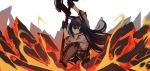  1girl absurdres animal_ears arknights arm_up black_gloves black_hair blaze_(arknights) cat_ears commentary_request fixro2n gloves grey_jacket grin hairband hand_up highres holding holding_weapon jacket long_hair looking_at_viewer red_hairband smile solo weapon white_background 