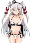  1girl amatsukaze_(kantai_collection) arms_behind_back bangs bare_shoulders bikini blush breasts brown_eyes choker collarbone eyebrows_visible_through_hair frills gin&#039;ichi_(akacia) groin hair_between_eyes kantai_collection long_hair looking_at_viewer navel o-ring o-ring_bikini o-ring_top silver_hair simple_background small_breasts solo striped sweat swimsuit thigh_gap two_side_up white_background 