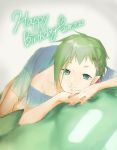  1girl aqua_eyes green_hair happy_birthday highres light_smile looking_at_viewer lying macross macross_delta on_bed pointy_ears pote-mm reina_prowler short_hair solo 