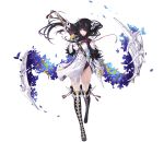  1girl artist_request black_hair blue_flower bone bone_hair_ornament boots breasts company_name dress fan fingerless_gloves flower gloves highres integral_killer_(phantom_of_the_kill) katana knee_boots large_breasts masamune_(phantom_of_the_kill) official_art petals phantom_of_the_kill puffy_short_sleeves puffy_sleeves red_eyes sheath sheathed short_sleeves skeletal_wings solo star_ornament sword thigh-highs transparent_background weapon white_dress wings 