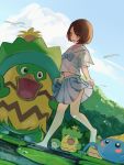  absurdres alternate_costume bangs barefoot bird blue_bow blush bob_cut bow brown_eyes brown_hair clouds commentary_request day gen_3_pokemon gloria_(pokemon) highres hoshizora lombre looking_down ludicolo navel open_mouth outdoors pleated_skirt pokemon pokemon_(creature) pokemon_(game) pokemon_swsh sailor_collar short_hair short_sleeves skirt sky standing standing_on_one_leg surskit swept_bangs tongue 