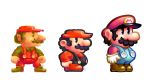  1boy absurdres black_eyes clenched_hands english_commentary facial_hair gloves highres male_focus mario super_mario_bros. multiple_views mustache open_hand overalls parody style_parody super_mario_bros. super_mario_bros._3 super_mario_world torkirby white_background white_gloves 