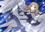  1girl 3874384829 angel_wings blonde_hair blue_neckwear bracer breast_hold breasts closed_mouth dress eyebrows_visible_through_hair glorious_(warship_girls_r) hair_ribbon highres holding holding_scepter long_hair looking_at_viewer lying neck_ribbon on_back open_eyes pantyhose ribbon scepter solo violet_eyes warship_girls_r white_dress white_legwear white_wings wings 