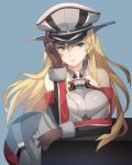  1girl bismarck_(kantai_collection) blonde_hair blue_background blue_eyes breastplate breasts brown_gloves cowboy_shot detached_sleeves gloves hat iron_cross kantai_collection kasumi_(skchkko) large_breasts leaning_forward leaning_on_table military military_hat military_uniform peaked_cap uniform 