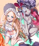  2girls abigail_williams_(fate/grand_order) abigail_williams_(swimsuit_foreigner)_(fate) absurdres acuma bangs bare_shoulders bikini black_bikini black_bow blonde_hair blue_eyes bow braid braided_bun breasts collarbone double_bun dress_swimsuit dual_persona fate/grand_order fate_(series) forehead highres innertube keyhole long_hair multiple_bows multiple_girls navel open_mouth orange_bow parted_bangs pink_eyes sidelocks small_breasts smile swimsuit third_eye twintails very_long_hair white_hair white_headwear white_skin white_swimsuit 