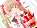  1girl :3 ^_^ blonde_hair blush closed_eyes dutch_angle eating food fruit heart long_hair original parfait school_uniform serafuku smile solo spoon spoon_in_mouth strawberry twintails upper_body uramakaron window 