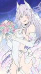  1girl bangs bare_shoulders blue_eyes blue_flower bouquet breasts elbow_gloves eyebrows_visible_through_hair flower garter_straps gloves grey_hair groin hair_between_eyes headgear highres holding holding_bouquet leotard long_hair looking_at_viewer medium_breasts myo_ne open_mouth original pink_flower pink_rose rose see-through sideboob solo standing thigh-highs very_long_hair white_gloves white_legwear white_leotard 