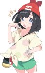  1girl bag beanie black_hair blue_eyes blush_stickers collarbone green_shorts hand_on_hip hat ixy looking_at_viewer open_mouth pokemon pokemon_(game) pokemon_sm red_headwear selene_(pokemon) shirt short_hair short_sleeves shorts simple_background solo tied_shirt white_background yellow_shirt 