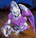  1girl arcee autobot beer_mug blue_eyes cup english_commentary highres hinomars19 looking_to_the_side mecha mug no_humans open_hand sitting solo transformers 