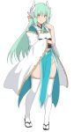  1girl aqua_hair bangs blush breasts closed_mouth dragon_horns fate/grand_order fate_(series) full_body hair_ornament horns japanese_clothes kimono kiyohime_(fate/grand_order) large_breasts long_hair long_sleeves looking_at_viewer multiple_horns obi pelvic_curtain sandals sash shiseki_hirame simple_background smile thigh-highs white_background wide_sleeves yellow_eyes 