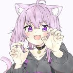 1girl ahoge animal_ear_fluff animal_ears black_choker black_hoodie blush blush_stickers breasts cat_ears choker claw_pose commentary eyebrows_visible_through_hair fang hair_between_eyes hololive kamochomedesu lavender_hair long_sleeves looking_at_viewer medium_breasts medium_hair nekomata_okayu open_mouth simple_background smile solo tail upper_body violet_eyes virtual_youtuber white_background