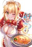  2girls ahoge apron blonde_hair bow breasts cleavage_cutout dress fate/extra fate/grand_order fate/stay_night fate_(series) food green_eyes hand_on_hip heart heart_hands large_breasts maid maid_apron maid_headdress multicolored_hair multiple_girls nero_claudius_(fate) nero_claudius_(fate)_(all) omurice sei_shounagon_(fate) smile translated tray twitter_username type-moon yayoi_maka 