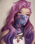  1girl artist_request blue_eyes close-up face facial_mark forehead gradient_hair head_tilt highres jewelry league_of_legends long_hair looking_at_viewer mask mouth_mask multicolored_hair necklace pink_hair seraphine_(league_of_legends) solo wavy_hair 