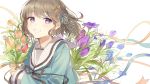  1girl blue_ribbon bouquet flower hair_ribbon highres holding holding_flower long_sleeves looking_at_viewer medium_hair original oyuyu ribbon simple_background smile solo upper_body violet_eyes white_background yellow_ribbon 