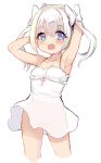  1girl :d arm_behind_head arm_up armpits bangs bare_arms bare_shoulders blue_eyes blush bow collarbone cropped_legs dress eyebrows_visible_through_hair fang full_body fur-trimmed_dress fur_trim hair_between_eyes hair_bow hand_up long_hair looking_at_viewer multicolored multicolored_eyes open_mouth original pink_ribbon ribbon see-through_silhouette silver_hair simple_background smile solo standing twintails unname violet_eyes white_background white_bow white_dress 