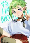  1girl blue_eyes dated green_hair happy_birthday highres looking_at_viewer macross macross_delta pointy_ears pote-mm red_skirt reina_prowler short_hair skirt solo v 