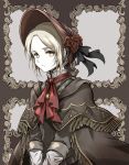 1girl absurdres bangs blonde_hair bloodborne bonnet brown_eyes capelet cloak closed_mouth commentary_request cravat dress flower frown hat highres long_sleeves looking_at_viewer parted_bangs plain_doll red_flower ribbon rose shimoda_masaya short_hair solo upper_body v_arms 