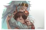  1boy 1girl black_hair blue_hair chinese_clothes closed_eyes commentary couple double_bun hetero hug konjiki_no_gash!! li-en long_hair long_sleeves otton spiky_hair twitter_username wonrei 