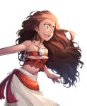  1girl :d bandeau bare_shoulders blurry brown_eyes brown_hair clothes_around_waist commentary cowboy_shot dark_skin depth_of_field disney english_commentary floating_hair hair_slicked_back jewelry lips long_hair looking_to_the_side maro_(lij512) midriff moana_(movie) moana_waialiki necklace open_mouth sarong signature simple_background smile solo sparkle standing strapless upper_body upper_teeth white_background 