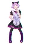  1boy :3 absurdres alternate_costume animal_ears apron argonavis_from_bang_dream! bangs black_dress black_legwear bob_cut boots cat_ears crossdressinging dress enmaided fake_animal_ears finger_to_mouth highres lavender_hair maid male_focus otoko_no_ko senipie smile solo thigh-highs ujigawa_shuu violet_eyes wrist_cuffs 