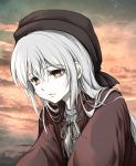  1girl absurdres brown_headwear cloak clouds cloudy_sky commentary_request dark_souls_iii face grey_shirt hat highres long_hair looking_down outdoors painting_woman red_cloak sad shimoda_masaya shirt sky solo souls_(from_software) upper_body very_long_hair white_hair 