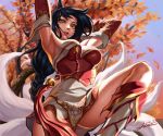 1girl absurdres ahri animal_ears armpits arms_up autumn autumn_leaves black_hair dated detached_sleeves facial_mark fox_ears fox_tail highres kitsune league_of_legends long_hair multiple_tails outdoors parted_lips red_lips signature solo tail tiger_june tree whisker_markings yellow_eyes 