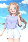  1girl :d blue_eyes blue_shirt blue_sky blush braid breasts brown_hair clothes_writing clouds collarbone cowboy_shot day forehead glasses hand_up highres long_hair looking_at_viewer medium_breasts merc_tn open_mouth original outdoors round_eyewear shirt short_shorts short_sleeves shorts sky smile solo twin_braids white-framed_eyewear white_shorts 