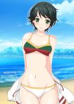  1girl absurdres bangs beach bikini black_hair blue_sky breasts clouds commentary_request cowboy_shot dated day drawstring green_eyes highres jacket kantai_collection looking_at_viewer mismatched_bikini mogami_(kantai_collection) nitamago_(sakamalh) ocean outdoors short_hair sky small_breasts solo standing swept_bangs swimsuit thigh_gap twitter_username water white_jacket 