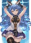  1girl absurdres animal_ears armpits arms_up ass_visible_through_thighs bangs bare_shoulders belt black_gloves black_panties blue_hair blush breasts brown_eyes brown_legwear dress earrings erune ferry_(granblue_fantasy) frilled_gloves frills gloves granblue_fantasy highres jewelry long_hair looking_at_viewer medium_breasts open_mouth panties pantyshot rabbit_ears sideboob sleeveless sleeveless_dress solo sudako_(dai011305) thigh-highs underwear upper_teeth wavy_hair 