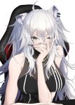  1girl absurdres ahoge animal_ears bare_shoulders black_nails breasts chair covering_mouth elbow_rest fingernails fur_trim grey_eyes grey_hair hair_between_eyes highres hololive jewelry large_breasts lion_ears lion_girl long_fingernails long_hair looking_at_viewer necklace noah_(yakumo3903) one_eye_closed shirt shishiro_botan sitting solo virtual_youtuber 