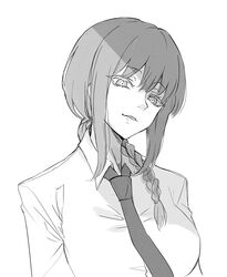  1girl black_neckwear braid braided_ponytail breasts business_suit chainsaw_man collared_shirt eyebrows_visible_through_hair eyes_visible_through_hair formal light_smile long_hair makima_(chainsaw_man) medium_breasts miya_(zawarudo) monochrome necktie ringed_eyes shirt smile solo suit 