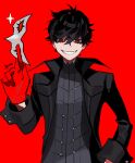  1boy absurdres amamiya_ren bangs black_coat black_eyes black_hair btmr_game coat gloves grin hair_between_eyes highres holding holding_mask male_focus mask persona persona_5 red_background red_gloves signature simple_background smile solo sparkle upper_body 