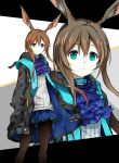  1girl absurdres amiya_(arknights) animal_ears aqua_eyes arknights arm_at_side bangs black_background black_jacket black_legwear blue_eyes blue_skirt brown_hair closed_mouth commentary_request face feet_out_of_frame frown grey_background hair_between_eyes hands_in_pockets highres jacket long_hair long_sleeves looking_at_viewer miniskirt multicolored multicolored_background multiple_views open_clothes open_jacket pantyhose plaid plaid_skirt pleated_skirt rabbit_ears ribbed_shirt shimoda_masaya shirt skirt standing white_background 