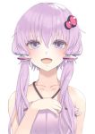  1girl :d akahara_tyun bangs blue_eyes blush collarbone hair_between_eyes hair_ornament hair_over_shoulder halterneck long_hair looking_at_viewer low_twintails open_mouth purple_hair shiny shiny_hair simple_background sleeveless smile solo twintails upper_body very_long_hair voiceroid white_background yuzuki_yukari 
