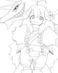  1girl ahoge animal black_sclera blush bow braid closed_mouth eyebrows_visible_through_hair flower fur_trim greyscale grin hair_between_eyes hair_bow horn_flower horns hourglass_02 kindred lamb_(league_of_legends) league_of_legends long_hair looking_at_viewer monochrome parted_lips sharp_teeth simple_background slit_pupils smile spirit spirit_blossom_kindred teeth white_background wolf wolf_(league_of_legends) 