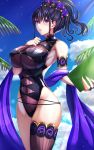  1girl absurdres bangs bare_shoulders black_swimsuit blush breasts fate/grand_order fate_(series) flower hair_flower hair_ornament hair_up highleg highleg_swimsuit highres large_breasts long_hair looking_at_viewer murasaki_shikibu_(fate) murasaki_shikibu_(swimsuit_rider)_(fate) one-piece_swimsuit open_mouth purple_hair swimsuit thigh-highs thighs tied_hair tiri_man violet_eyes 