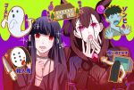  2girls asagami_fujino blood bloody_knife brown_hair couch fate/grand_order fate_(series) ghost highres kimidori_(haruzionmitaka) knife long_hair mask multiple_girls murasaki_shikibu_(fate) purple_hair red_eyes sparkle sweatdrop television the_ring violet_eyes watching_television zombie 