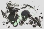  1girl absurdres black_blouse black_hair black_legwear black_rock_shooter blouse dead_master debris fire green_eyes high_heels highres holding holding_scythe hong horns scythe skull solo twintails 