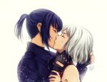  2girls 428 alphard black_gloves blue_hair canaan canaan_(character) closed_eyes couple elena_ivlyushkina fingerless_gloves french_kiss from_side gloves kiss multiple_girls shiny shiny_hair short_hair silver_hair simple_background sleeveless upper_body white_background yuri 